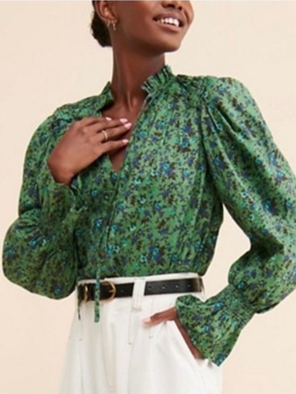 FREE PEOPLE Meant To Be Green Floral Puff-Sleeve Blouse